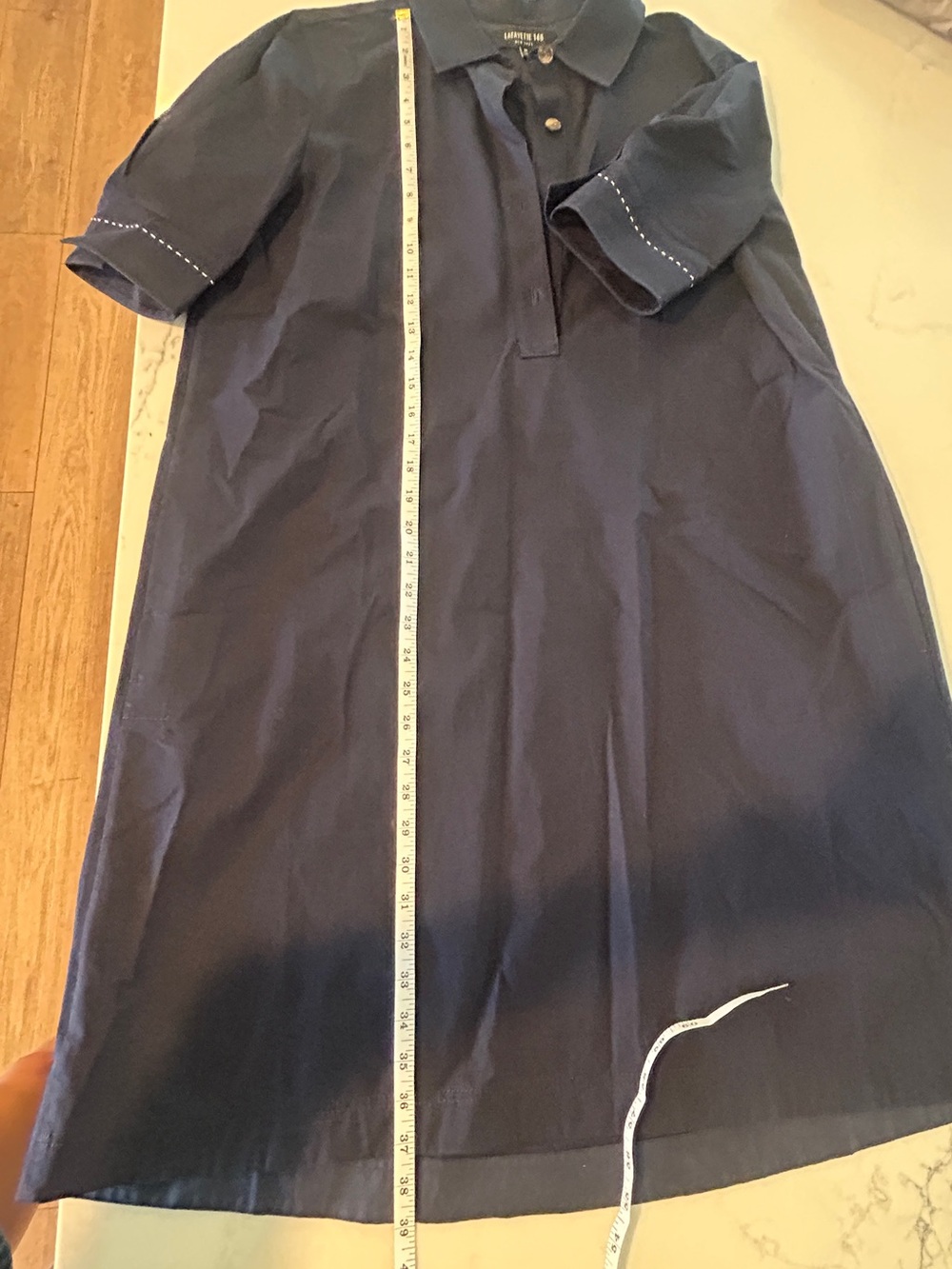 Lafayette 148 New York Navy Short-Sleeve Polo Dress white stitching on sleeve - Picture 9 of 9
